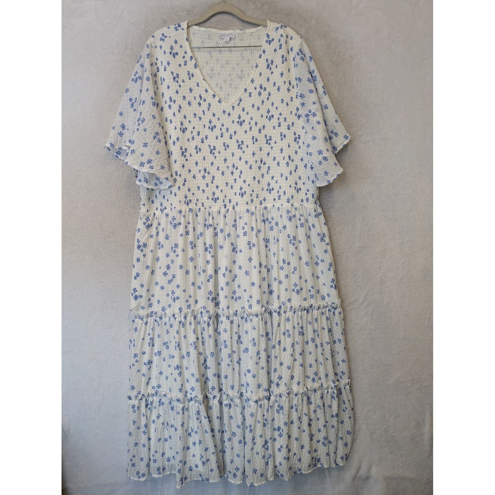 SweetSalt Maxi Dress Women's 3X White Blue Floral Smocked Tiered Flutter Sleeve